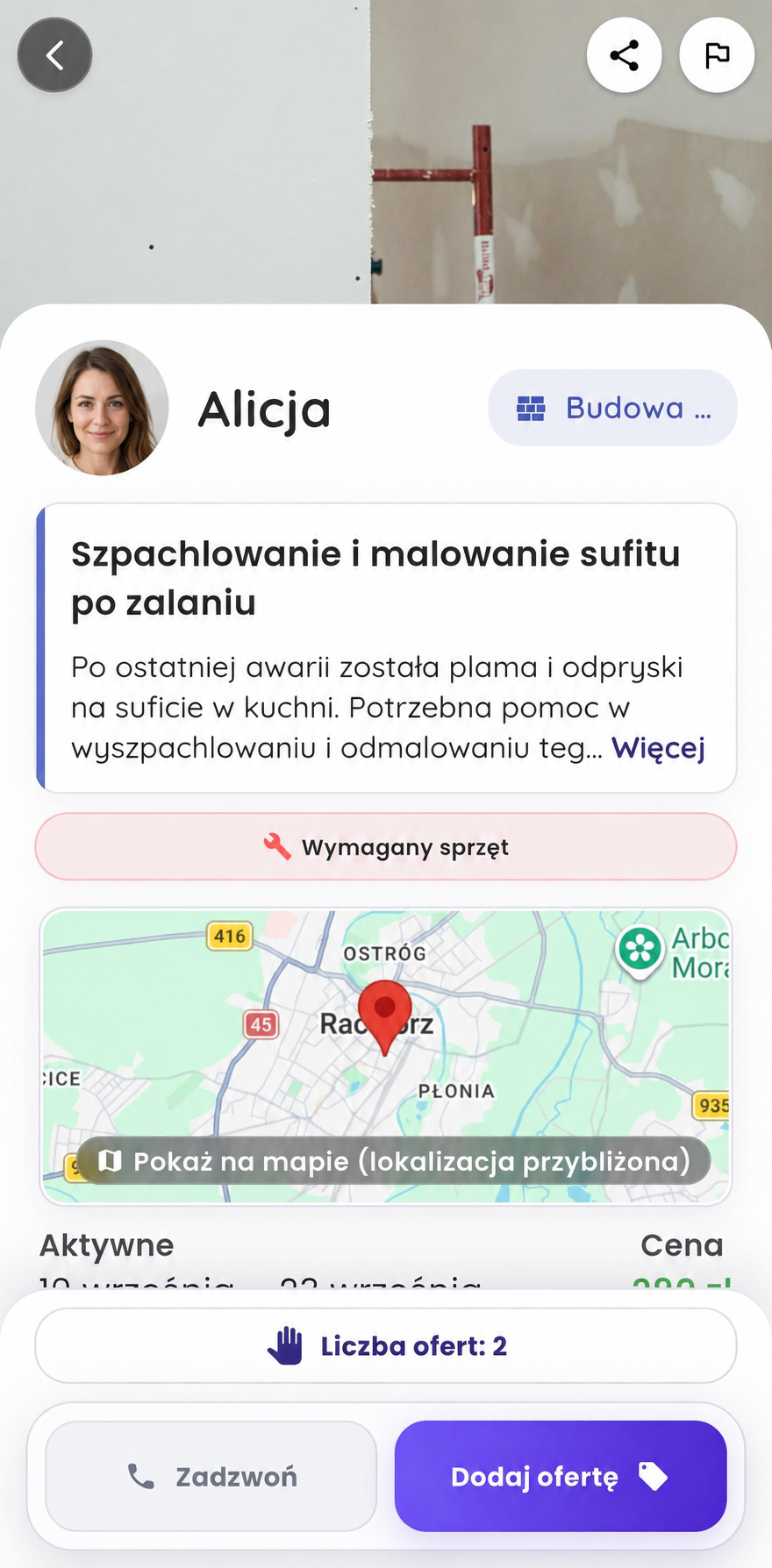 Szczegóły lokalnego zadania w aplikacji Giggo